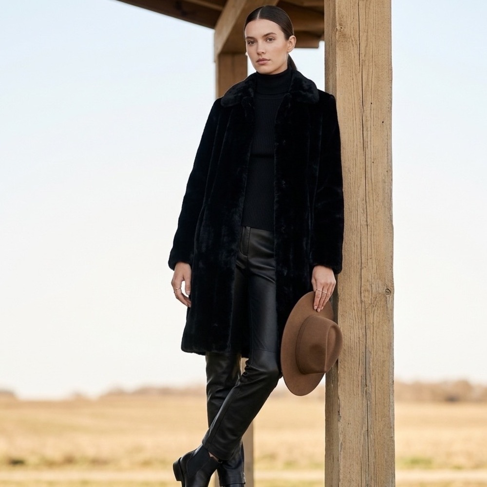 Ideology Black Faux Mink Fur Mid-Length Coat Size M Mob Wife Western Chic Glam